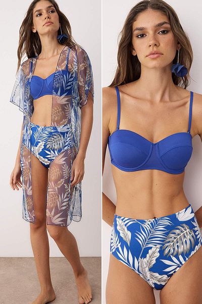 Trendyol Collection Saks Tropical Pattern Bikini Set&Kimono 3-Piece Beach Wear Set Tbess25Js00010