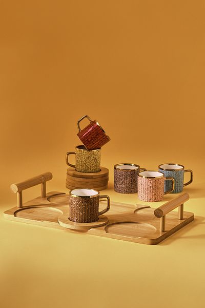 Karaca Buntes Kaffeetassen-Set für 6 Personen mit Bambus-Tablett, Geschenk, 90 ml