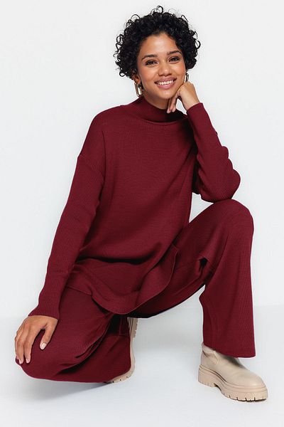 Trendyol Modest Burgundy Slit Wide Leg Knitwear Bottom-Top Set Tctaw24Us00028