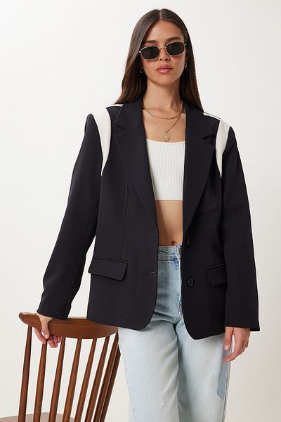 Happiness İstanbul Women's Black Bone Contrast Color Padded Woven Blazer Jacket Rg00076