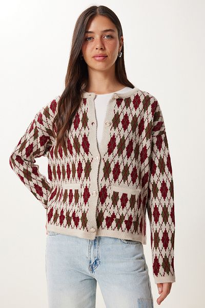 Happiness İstanbul Women's Stone Burgundy Diamond Patterned Knitwear Cardigan Ki̇00136