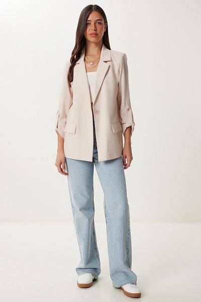 Happiness İstanbul Women's Beige Padded Linen Blazer Jacket Xl00003