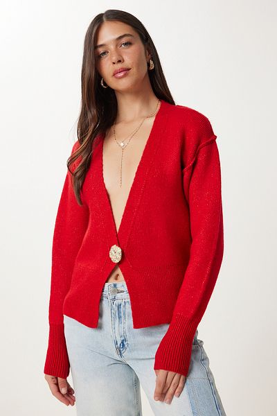 Happiness İstanbul Women's Red Stylish Buttoned Knitwear Cardigan Ki̇00131