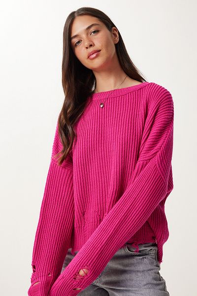 Happiness İstanbul Women's Dark Pink Ripped Detailed Oversize Knitwear Sweater Ki00098