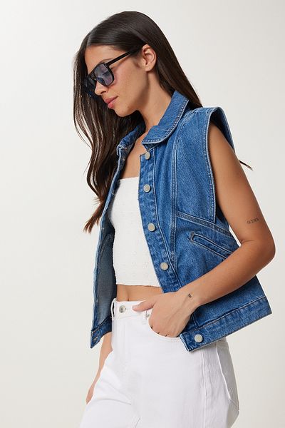 Happiness İstanbul Women's Dark Blue Pocket Denim Vest Fg00051