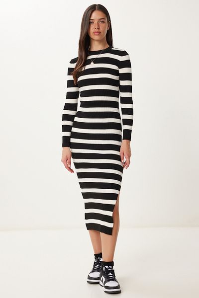 Happiness İstanbul Women's Black Bone Striped Slit Saran Stretchy Knitwear Dress Mt00161