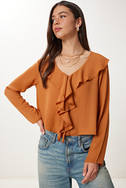 Happiness İstanbul Γυναικεία Μπλούζα Σιφόν Ελαφριά Διαφανής Κανέλα DM00142