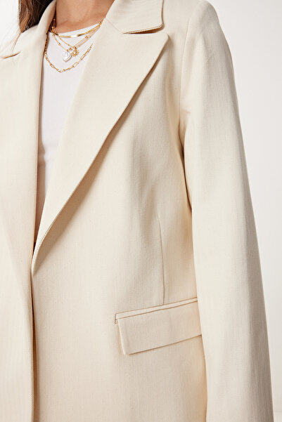 Happiness İstanbul Women's Cream Padded Linen Blazer Jacket Xl00004