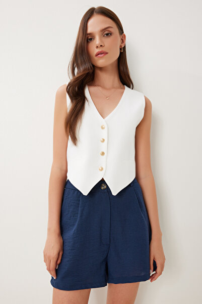 Happiness İstanbul Kadın Lacivert Cepli Mini Keten Şort UB00406