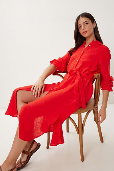 Happiness İstanbul Women's Red Belted Muslin Shirt Dress Ub00407