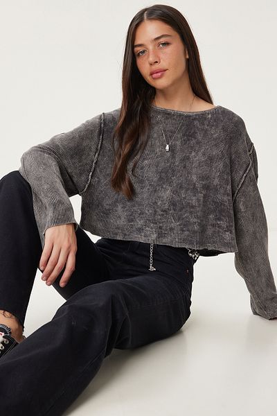 Happiness İstanbul Women's Anthracite Washed Crop Knitwear Sweater Ns00459