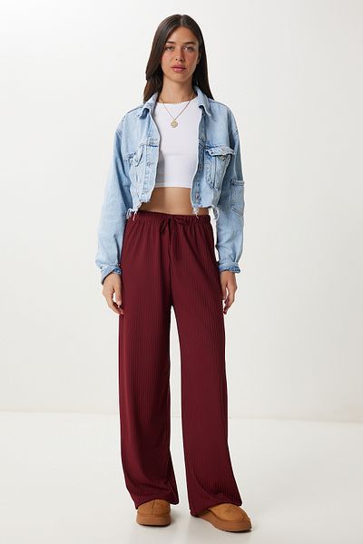 Happiness İstanbul Women's Burgundy Wide Leg Comfortable Knitted Trousers Pb00054