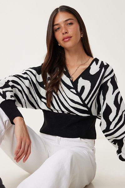 Happiness İstanbul Pulover de tricotaj crop cu model cu guler dublu ecru negru pentru femei Kİ00132