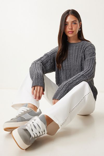 Happiness İstanbul Women's Anthracite Hair Braided Flexible Knitwear Sweater Ki̇00138