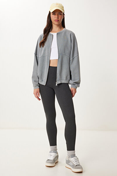 Happiness İstanbul Kadın Gri Yıkamalı Oversize Örme Sweatshirt UB00409