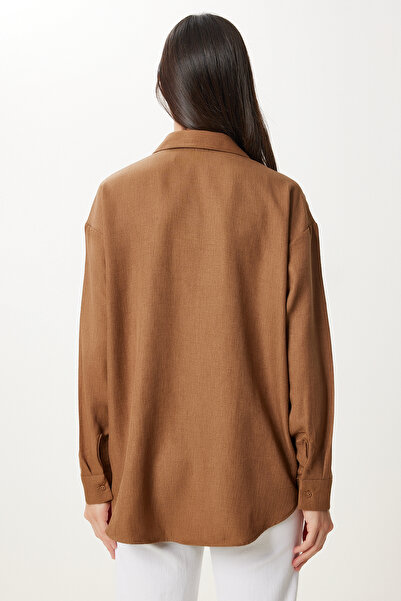 Happiness İstanbul Дамска кафява ленена риза Oversize PB00052