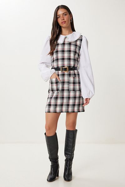 Happiness İstanbul Women's Black Bone Belt Mini Tweed Dress Rg00078