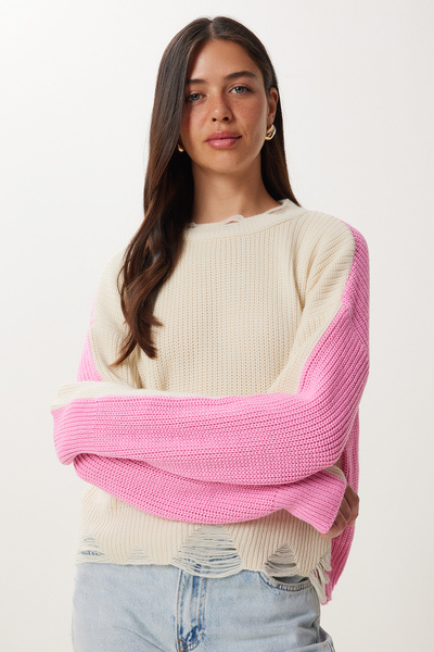 Happiness İstanbul Pulover de damă, roz crem, culoare contrastantă, tricotaj rupt Kİ00135