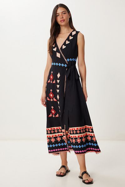Happiness İstanbul Rochie de vară din viscoză brodata cu broderie neagră portocalie FG00048