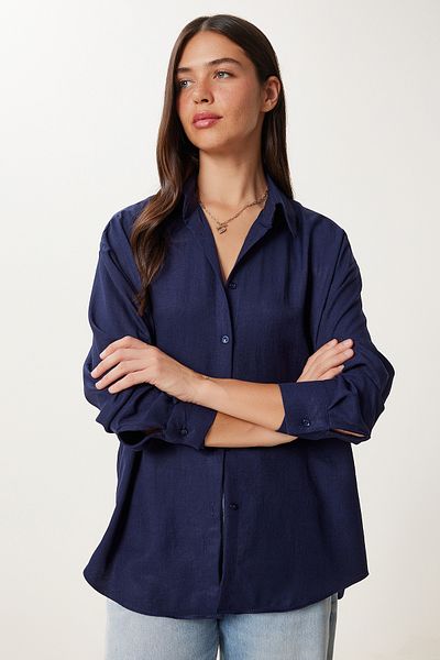 Happiness İstanbul Women's Navy Blue Oversize Linen Shirt Pb00052