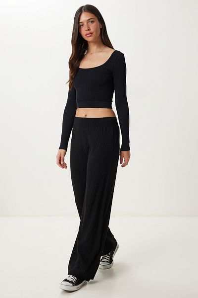 Happiness İstanbul Women's Black Ribbed Knitwear Trousers Kİ00096