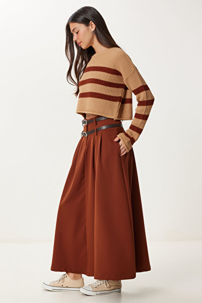 Happiness İstanbul Women's Brown Double Belted Flared Woven Skirt Rg00082