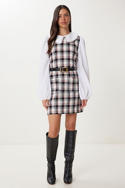 Happiness İstanbul Women's Black Bone Belt Mini Tweed Dress Rg00078