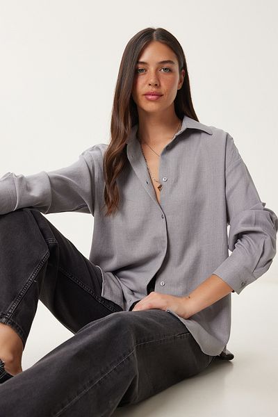 Happiness İstanbul Γυναικείο λινό πουκάμισο σε γκρι oversize PB00052