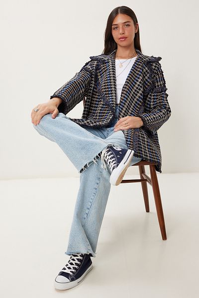 Happiness İstanbul Women's Black Bone Shawl Collar Fringe Tweed Jacket Jh00058