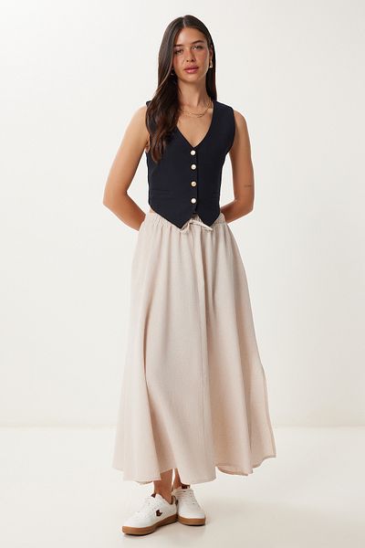 Happiness İstanbul Women's Stone Slit Summer Linen Flared Skirt Dm00144
