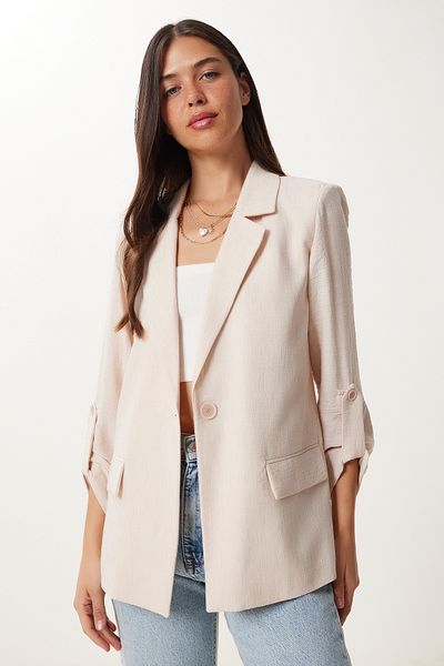 Happiness İstanbul Women's Beige Padded Linen Blazer Jacket Xl00003