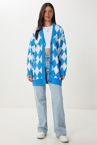 Happiness İstanbul Cardigan lung de tricotaj cu model de diamante ecru albastru pentru femei Kİ00126
