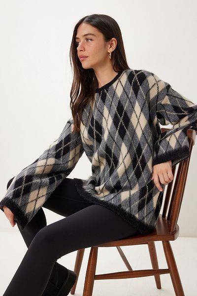 Happiness İstanbul Women's Gray Cream Diamond Patterned Soft Knitwear Sweater Ki̇00130