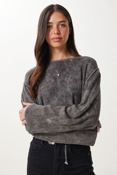 Happiness İstanbul Women's Anthracite Washed Crop Knitwear Sweater Ns00459