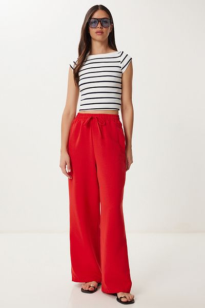 Happiness İstanbul Women's Red Wide Leg Linen Trousers Dp00261