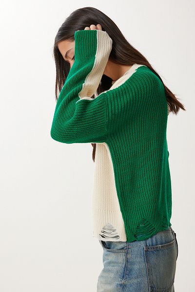 Happiness İstanbul Pulover de damă, verde crem, culoare contrastantă, tricotaj rupt Kİ00135