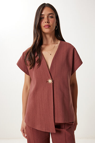 Happiness İstanbul Women Tile Stylish Buttoned Linen Blouse Pants Suit No00029