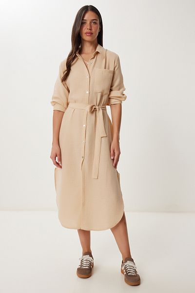 Happiness İstanbul Γυναικείο φόρεμα πουκάμισο Latte Belted Muslin UB00407