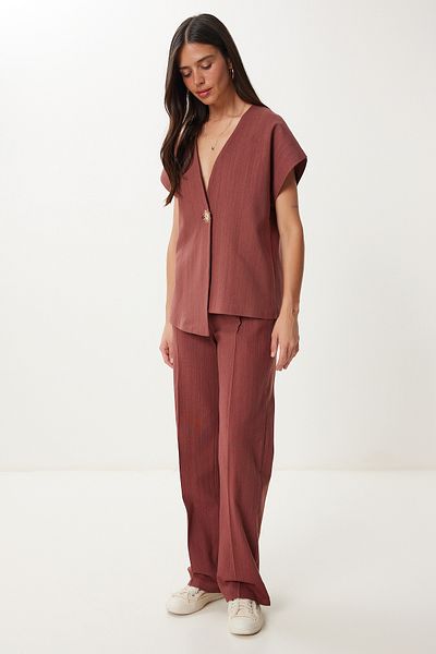 Happiness İstanbul Women Tile Stylish Buttoned Linen Blouse Pants Suit No00029
