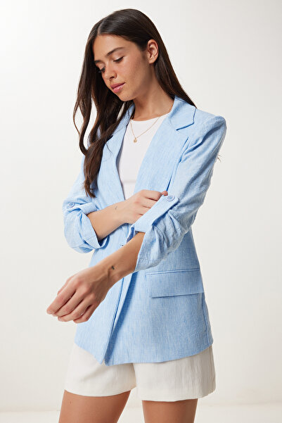 Happiness İstanbul Kadın Gök Mavi Vatkalı Keten Blazer Ceket XL00003