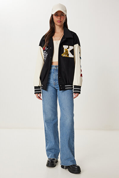 Happiness İstanbul Γυναικείο Μαύρο Σλόγκαν Oversize Stamped College Jacket RG00079