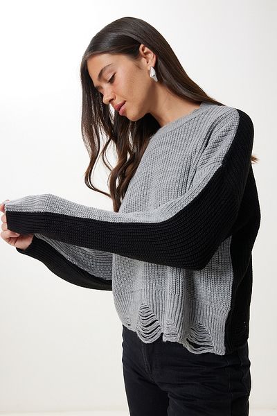 Happiness İstanbul Women's Gray Black Contrast Color Ripped Detailed Knitwear Sweater Ki̇00135