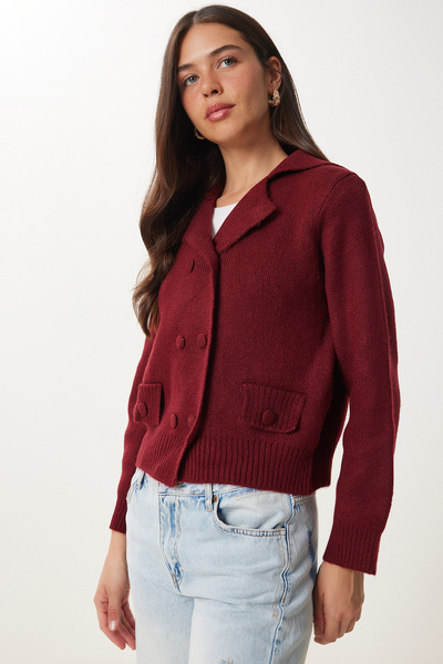 Happiness İstanbul Women's Burgundy Double Button Knitwear Cardigan Yy00242