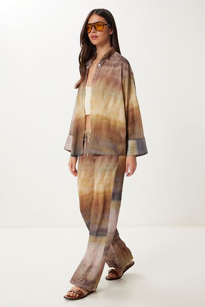 Happiness İstanbul Women's Mink Yellow Tie-Dye Patterned Woven Shirt Trousers Set Hr00006