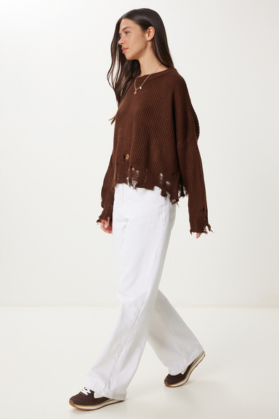 Happiness İstanbul Γυναικείο πλεκτό πουλόβερ με λεπτομέρειες σε καφέ ραγισμένο ki00098