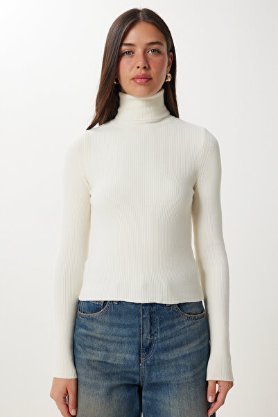 Happiness İstanbul Women's Cream Turtleneck Stretchy Ribbed Sweater Ns00460