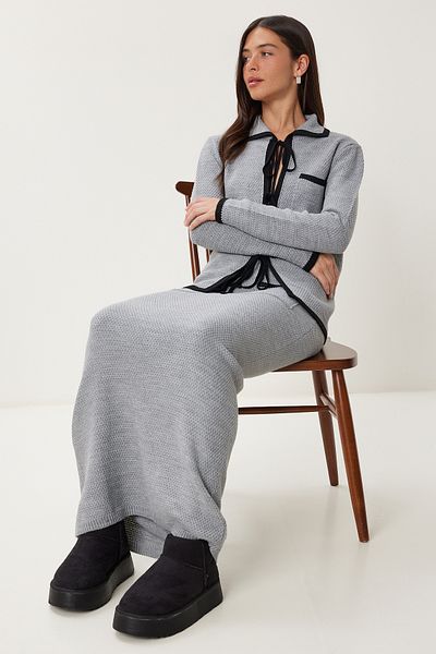 Happiness İstanbul Women's Gray Black Contrast Color Knitwear Blouse Skirt Suit Ki̇00128