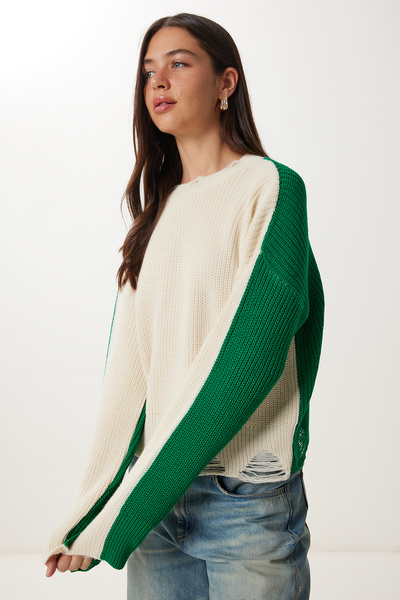 Happiness İstanbul Pulover de damă, verde crem, culoare contrastantă, tricotaj rupt Kİ00135