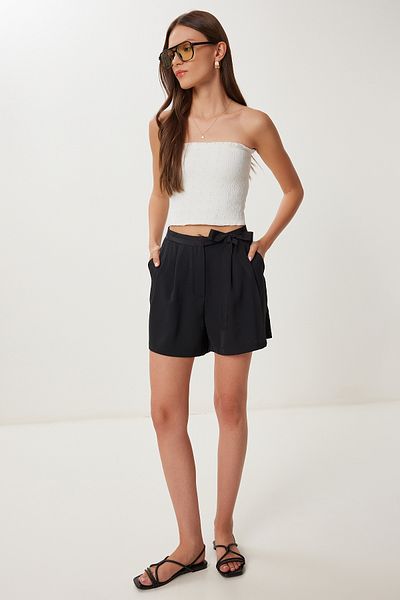 Happiness İstanbul Women's Black Tie Detail Mini Woven Shorts Rw00003