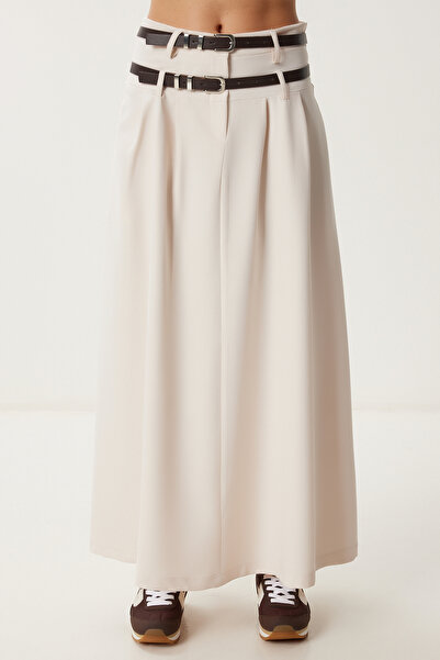 Happiness İstanbul Women's Cream Double Belted Flared Woven Skirt Rg00082
